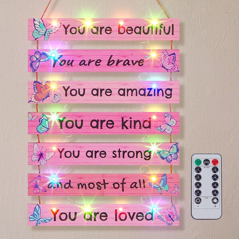 FIOBEE Girls Room Décor for Teen Girls Boys with LED Light Wall Decor for Bedroom Motivational Inspirational Wall Art Girl Room Decoration for Kids Studyroom, 8 Kinds of Lights, Pink Butterfly - Image 1